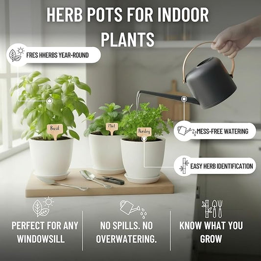 Indoor Garden Kit - Plant Pots with Drainage, Watering Can & Tools - Ideal Windowsill Planter Set - Modern Home & Kitchen Decor Gift - White