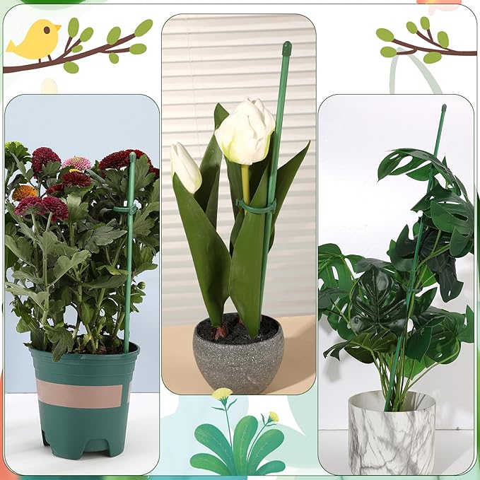 30 Pcs Adjustable Plant Sticks, 12 in Plant Support Sticks Plant Support Stakes with Orchid Clips Garden Ties Plant Support Cage for Potted Plants Indoor Orchid Flower Tomato, Green