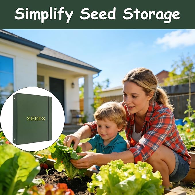 Seed Storage Organizer Binder,3 Ring Seed Packet Organizer with 100 Pockets(25 Pack Clear Sheet Protectors), Garden Seed Holder Book for Envelopes, Seed Saving Keeper, Green