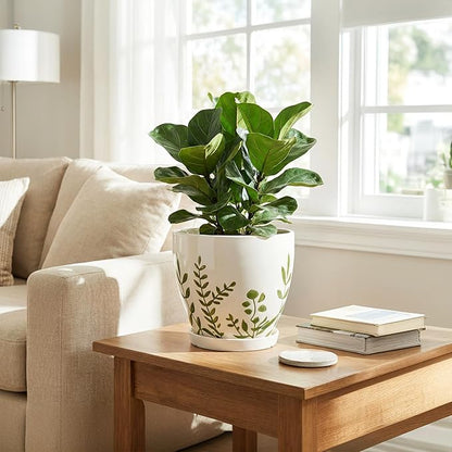 Ceramic Pot for Plants 8.2 Inch - Indoor Plant Pot with Drainage Hole and Saucer, Decorative Boho Round Outdoor Planter, Gardening Gifts for Women Men, Room Patio Office Home Decor, White