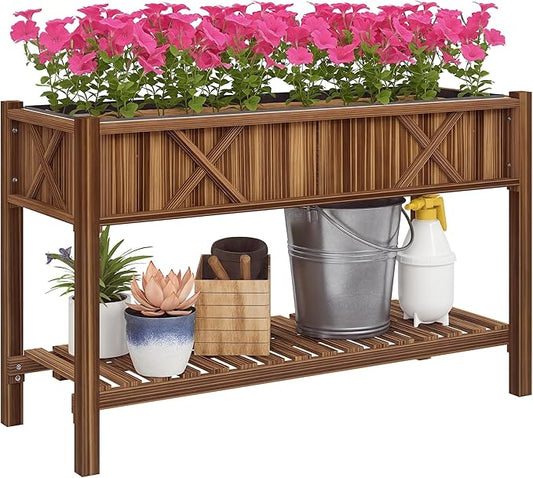 Outsunny Raised Garden Bed, Elevated Wood Planter Box with Storage Shelf, Drainage Holes, and Liner for Backyard, Patio, Balcony, 47 x 22 x 31.5 in, Carbonized