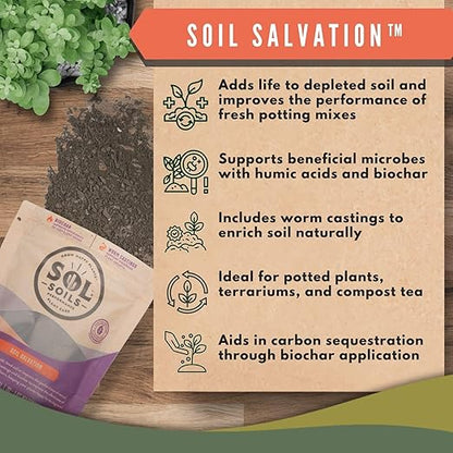 Sol Soils Sol Biotics Soil Salvation – Soil Enhancer with Microbial Booster to Enhance The Health & Vitality of Potting Mixes - Includes Worm Castings, Humic Acids & Biochar for Plants - 4oz