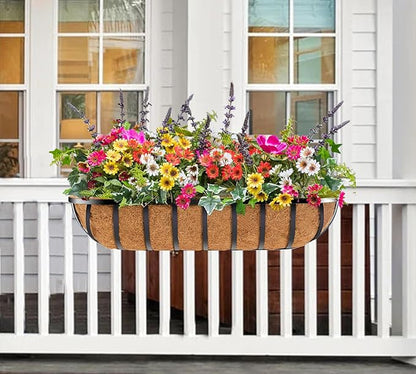 Y&M 30-Inch Window Planter Box 2Pcs Iron Deck Railing With Coco Liner, Metal Horse Troughs for Outdoor Balcony Rail Fence Porch Patio