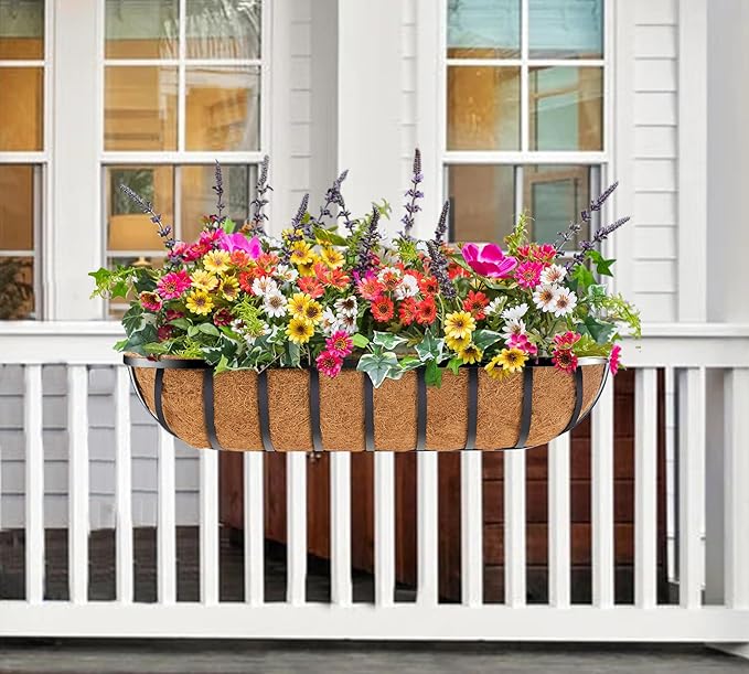 Y&M 4pcs 24 Inch Window Deck with Coco Liner, 24" Window Boxes Horse Trough with Coconut Coir Liner, Black Metal Hanging Flower Planter Window Basket Deck Railing Planter Boxes for Outdoor Indoor