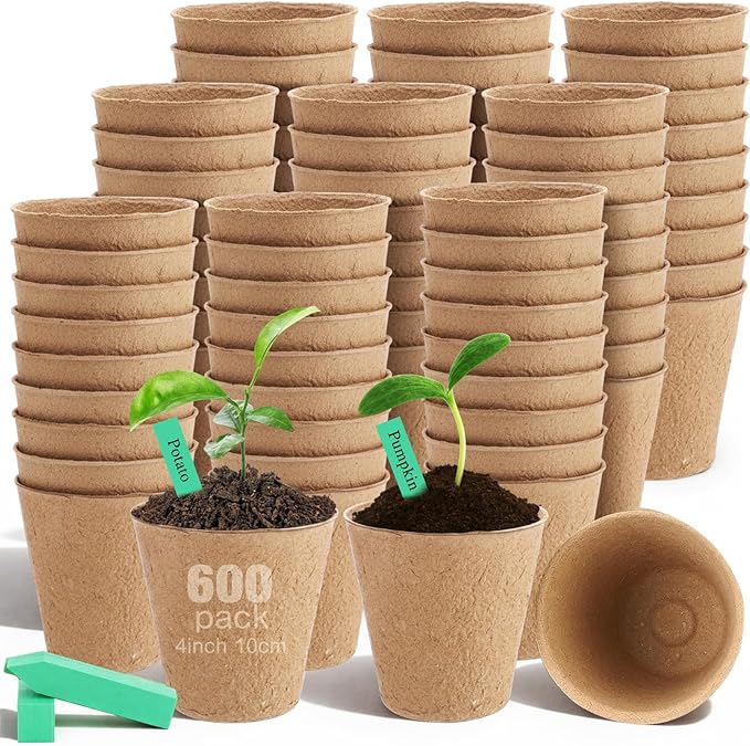 600 Pack 4" Peat Pots Round Biodegrade Plant Starter Seed Nursery Pots with 120 Labels for Garden Germination