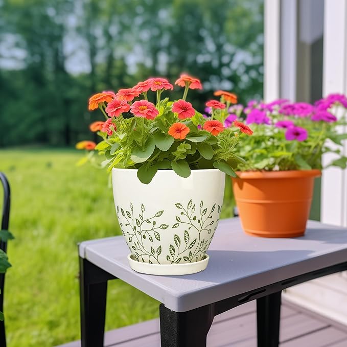 6.8 Inch Plant Pot - Ceramic Pot for Indoor Outdoor Plants, Boho Decorative Round Ceramic Planter with Drainage Hole and Saucer, Housewarming Gifts, Office Garden Home Decor, White