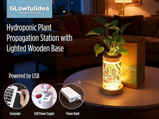 Plant Propagation Station with Light, Glass Planter Station with Waterproof Lighted Wooden Base, Desktop Hydroponic Plants Terrarium, Cylindrical Glass Planter for Home Decor & Office Decor