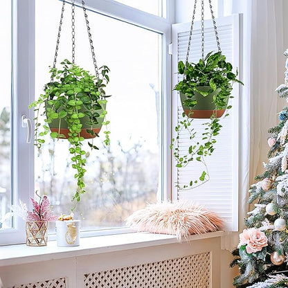Hanging Planters for Indoor Plants, Set of 2 8/10 Inch Self-Watering Hanging Pots with Drainage Hole & Removable Water-Storage Tray II Screw-in Hooks II