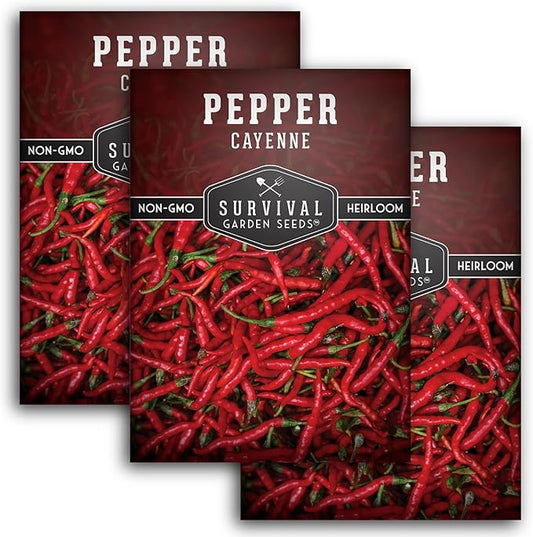 Cayenne Pepper Seeds for Planting | Hot Heirloom Non-GMO Red Peppers with 30,000–50,000 Scoville Heat – Survival Garden Seeds (3 Pack)