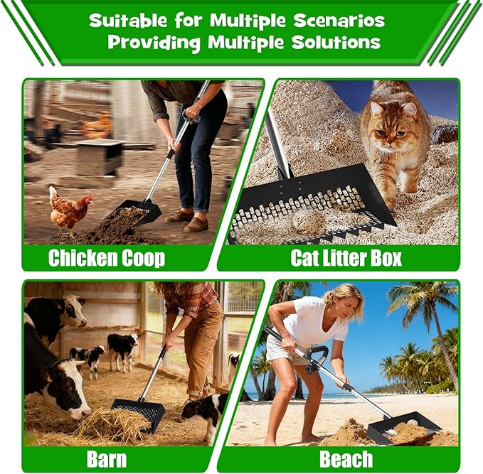 Chicken Poop Scooper & Rake 2-in-1 – 12 Inch Shovel Head & 3-Angle Adjustable Stainless Steel Handle, Chicken Litter Scoop and Coop Rake & Sand Sifting Shovel for Chicken Coops, Black