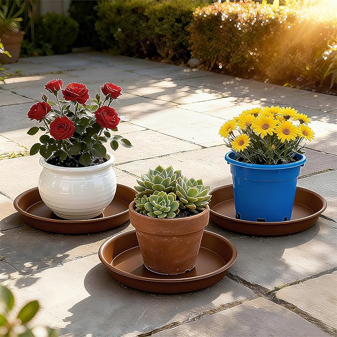 Plant Saucer 4 inch, Large Planter Durable Thicker Plastic Plant Trays for Indoors and Outdoor, Plant Saucer Drip Trays,Brown (4" - 3 Pack)