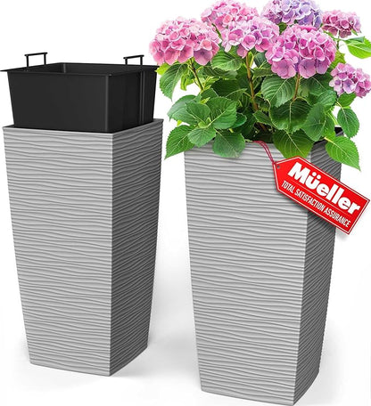 Mueller Janska M-Resin Heavy Duty Tall Planter, Indoor/Outdoor Grande Plant, Tree, Flower Pot, 2-Piece Set, 24”, Modern Design, Built-in Drainage, Light Gray