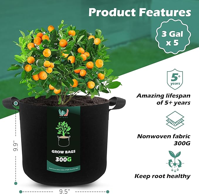 5-Pack 3 Gallons Grow Bags - Heavy Duty 300G Thickened Aeration Nonwoven Fabric Pots with Handles - Ideal Cloth Pots for Plants - Planters Accessories, Garden Vegetables Supplies