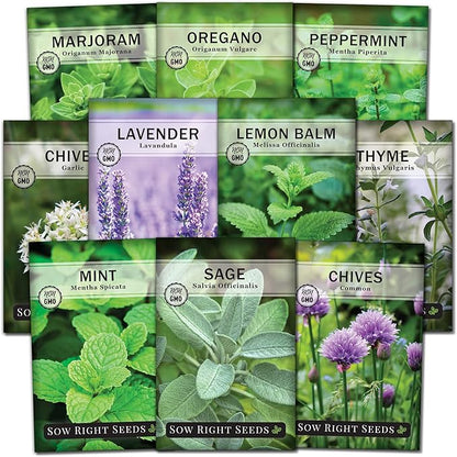 Sow Right Seeds - Perennial Herb Garden Seed Collection - Mint, Lavender, Sage, Common Chives, Lemon Balm, Garlic Chives, Thyme, Peppermint, Oregano and Marjoram - Non-GMO Heirloom Seeds for Planting