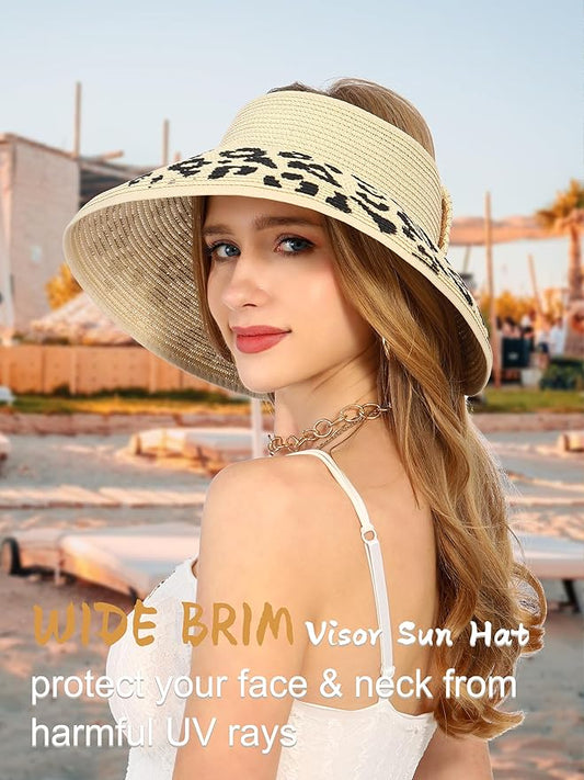 Womens Beach Straw Sun Hats Ponytail Hole Wide Brim Summer Visor Foldable Hat Sun Protection Packable for Travel Pool