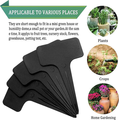 Whaline 100 Pcs Plastic Plant Labels Black T-Type Garden Stake Tags Waterproof Plant Markers Reusable Plant Signs for Outdoor Indoor Nursery Potted Plants Seed with A White Marker Pen (6 x 10 cm)