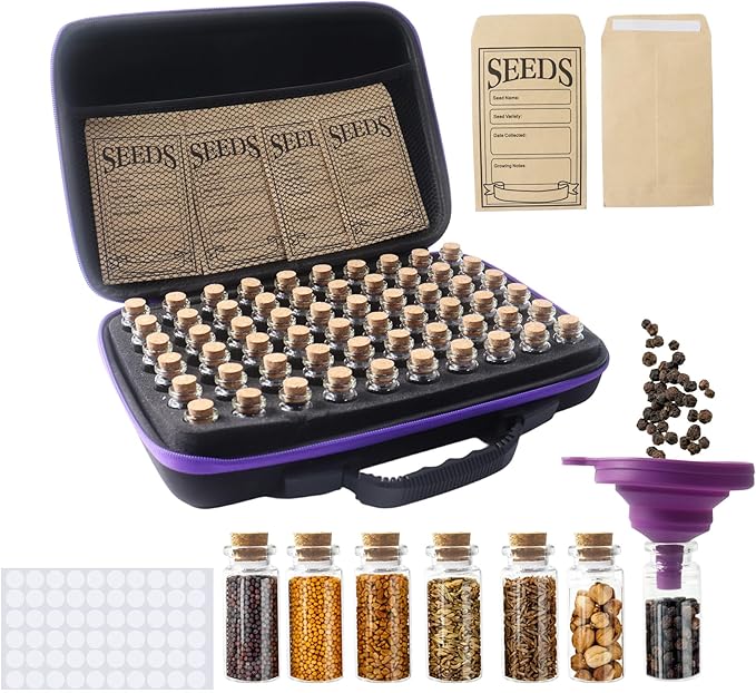 Klmnop 60 Slots Seed Storage Organizer with 20 Seed Envelopes, Seeds Storage Box with Double Zipper Bag Label Stickers Funnel for Flower Vegetable(Black)