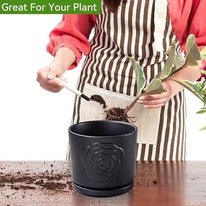 Ekirlin 7 inch Plant Pots,Ceramic Rose Flower Planters Indoor,Modern Succulents Containers with Drain Hole Saucer,Weatherproof Pot for Decorate Home,Office & Outdoor (Black)