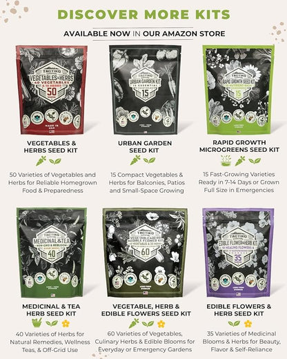 Tactiko Survival 30 Calorie-Dense Veggies & Popular Herbs - Ultimate Energy Seed Kit - USA-Grown Non-GMO Heirloom Seeds - Mylar-Bag for Long-Term Storage, Emergency Food Supply Gardening