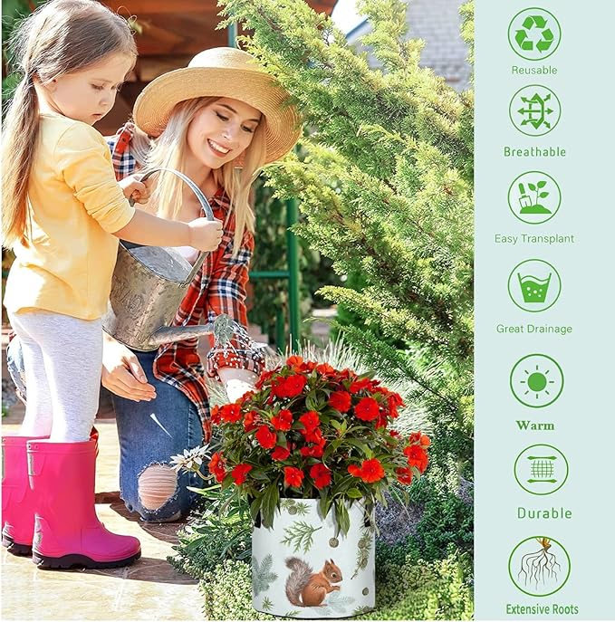 5 Gallon Spring Pine Branch Squirrel Breathable Grow Bag Thickened Plant Pot Containers Bag with Handles for Garden Potato Tomato Flowers Fruits Vegetables