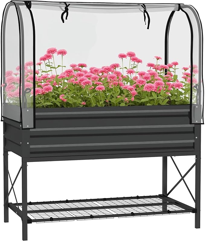 Outsunny Raised Garden Bed with Cover and Storage Shelf, Rectangular Metal Elevated Planter Box with Legs and Bed Liner for Vegetables, Flowers, Herbs, Black