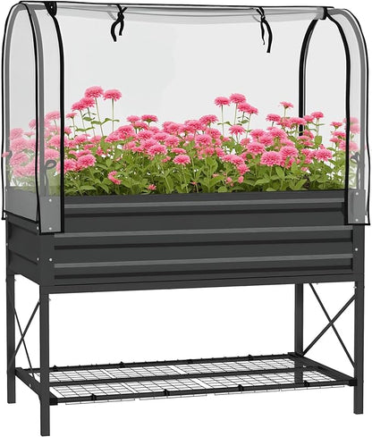 Outsunny Raised Garden Bed with Cover and Storage Shelf, Rectangular Metal Elevated Planter Box with Legs and Bed Liner for Vegetables, Flowers, Herbs, Black