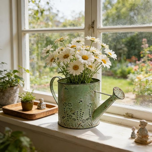 Vintage Metal Watering Can Planter with Embossed Floral - Distressed Green Decorative Watering Pot for Indoor/Outdoor Flowers, Succulents & Herbs, Rustic Home Decor Accent