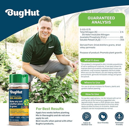 BugHut Soil Wizard Organic Soil Amendment – All Purpose Plant Food for Houseplants, Vegetables, Flowers, and Herbs - Chemical-Free Nutrient Source for Indoor & Outdoor Gardens - 8 oz. Shaker