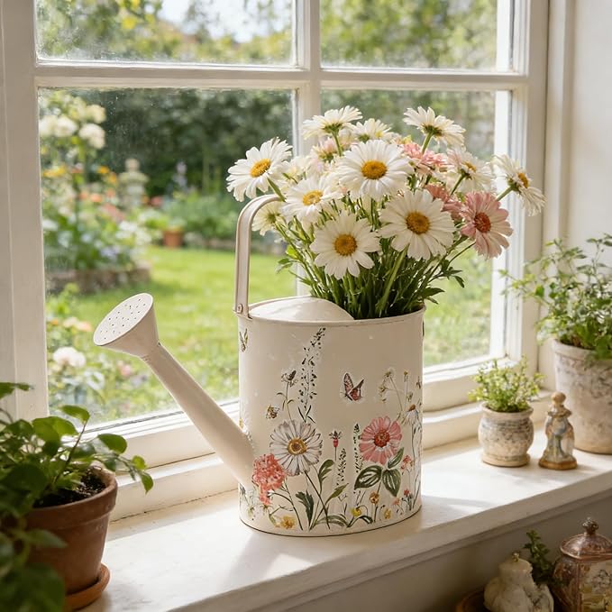 Vintage Floral Metal Watering Can for Indoor/Outdoor Plants, Pink Functional Garden Waterer with Long Spout, Garden Water Pot Rustic Decor for Home Garden Patio