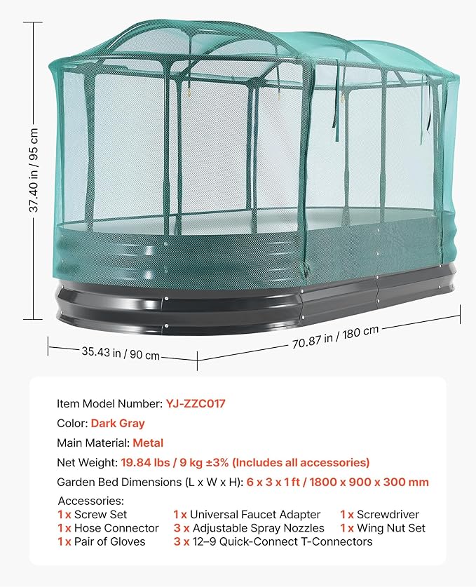VEVOR 6x3x1FT Metal Raised Garden Bed Kit with Self Watering System and Mesh Cover, Oval Outdoor Galvanized Planter Raised Beds for Gardening Planting Flowers Fruits Vegetables