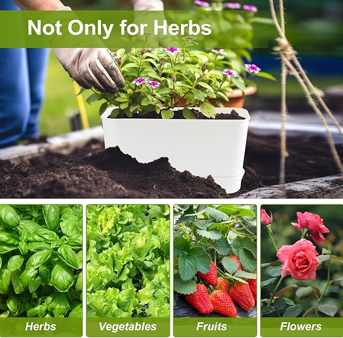 Self Watering Planters: 4 Packs Rectangular Plant Pots with with Drainage and Tray, 10 Inch Window Pot Self Watering Planter for Herb, Houseplants