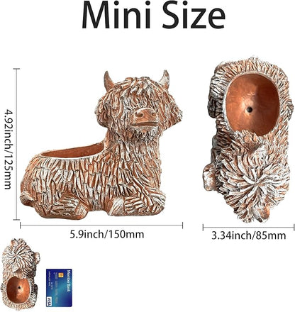 2Pcs Cute Highland Cow Planter Small Adorable Scottish Resin Flower Pot for Succulents Decorative Gift with Drainage Hole Farmhouse Home Decor for Plant Lover (Brown 5.9" L x 3.3" W)
