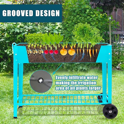 Raised Planter Box Beds with Wheels Legs, Elevated Garden Bed for Indoor Outdoor, Large Metal Mobile Planter Box with Bottom Shelf for Storing Tools for Vegetables Flower Herb Patio(Blue)