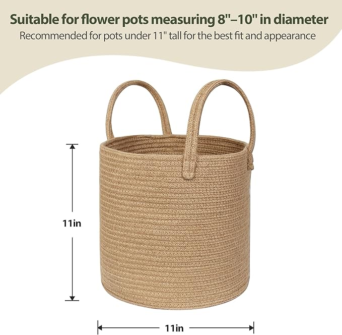 Round Wicker Basket with Handle, 11"x11" Woven Jute Plant Basket for 10" Pot, Indoor Boho Tree Planter, Decorative Flower Pot Cover, Rustic Holder for Plants and Decor, Shoe Bin for Entryway