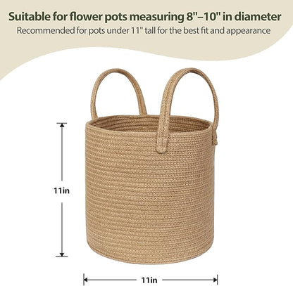 Round Wicker Basket with Handle, 11"x11" Woven Jute Plant Basket for 10" Pot, Indoor Boho Tree Planter, Decorative Flower Pot Cover, Rustic Holder for Plants and Decor, Shoe Bin for Entryway