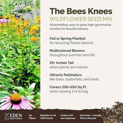 Eden Brothers The Bees Knees Wildflower Mixed Seeds for Planting, 1/4 lb, 120,000+ Seeds with Siberian Wallflower, Cosmos | Attracts Pollinators, Plant in Spring or Fall, Zones 3, 4, 5, 6, 7, 8, 9, 10