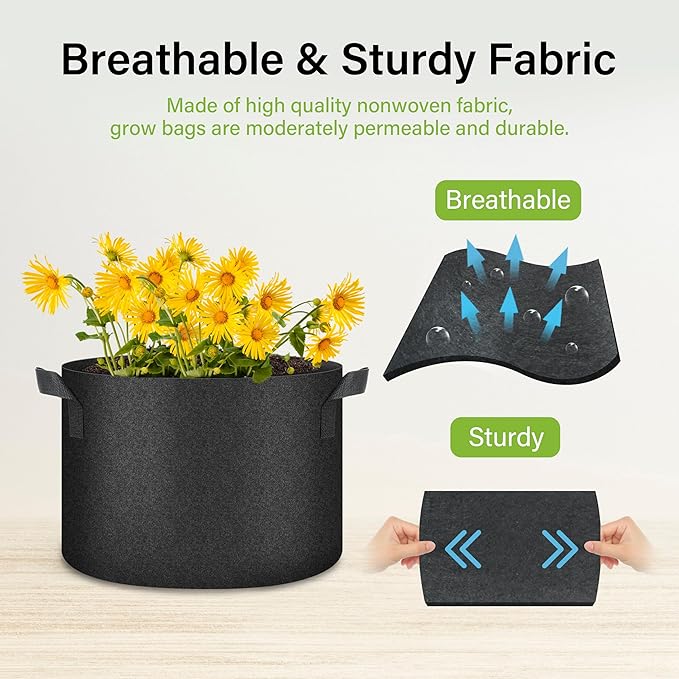 HealSmart Plant Grow Bags 10 Gallon, Tomoato Planter Pots 5-Pack with Handles, Aeration Nonwoven Fabric, Heavy Duty Gardening Planter for Vegetable, Herbs and Flowers, Black 2024 Version