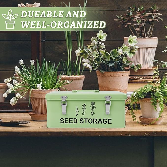 60 Slots Seed Storage Organizer, Metal Seed Saving Box with Lid and Safety Locks, Seed Bin Seed Storage Container with 20 Seed Envelopes and 20 Labels, 3 Compartments, Perfect for Flower Plants Garden