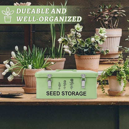 60 Slots Seed Storage Organizer, Metal Seed Saving Box with Lid and Safety Locks, Seed Bin Seed Storage Container with 20 Seed Envelopes and 20 Labels, 3 Compartments, Perfect for Flower Plants Garden