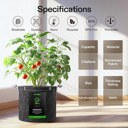 VIVOSUN 10-Pack 3 Gallon Grow Bags, 500G Thick Nonwoven Fabric Pots with Strap Handles, Multi-Purpose Rings, for Low Stress Plant Training Fruits, Vegetables, and Flowers