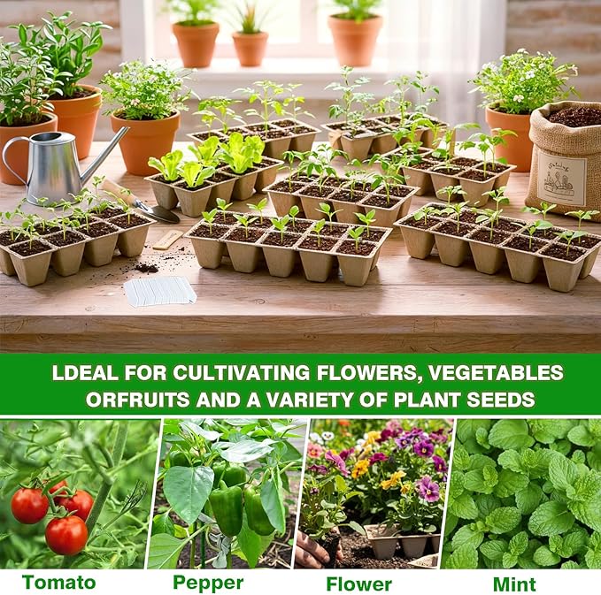 240 Cells Seed Starter Tray, 24 Pack Germination Peat Pots with 100 Labels, Plant Starter Kit for Seedlings