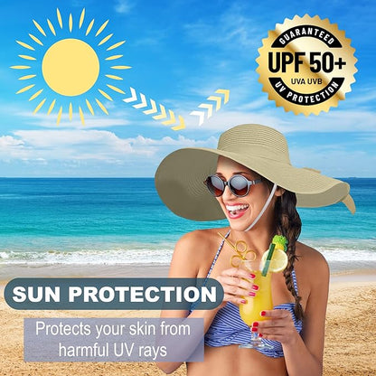 Women's Wide Brim UPF 50+ Straw Sun Hat with Bow - Foldable Packable Summer Beach Hat with Chin Strap