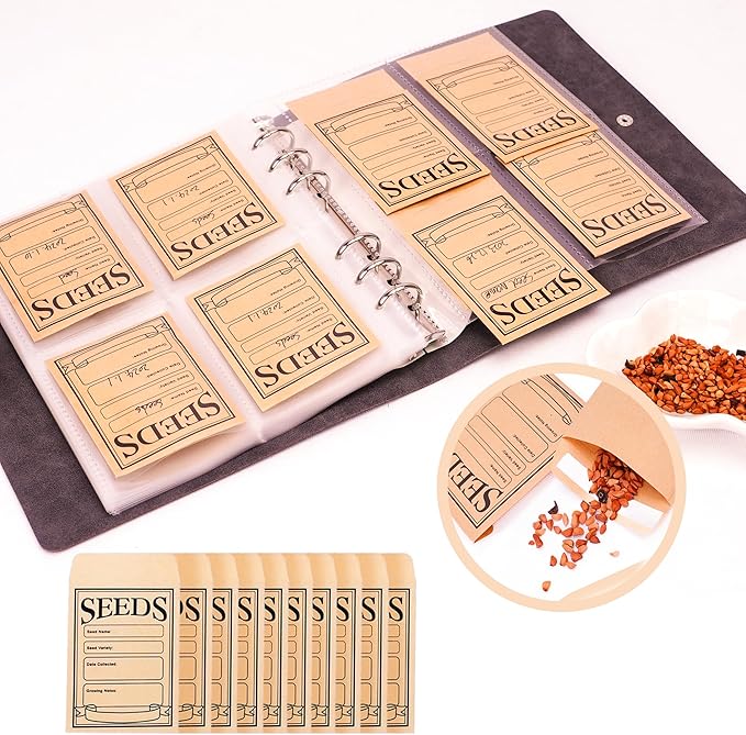 Seed Storage Organizer, Seeds Packet Binder with 100 Envelopes Garden Seed Packet Organizer Seed Collecting Template for Garden Vegetable, Flowers (Slot 2.8'' x 3.55'')