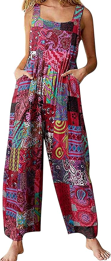 Fiona Jolin Overalls Women Summer Boho Floral Loose Wide Leg Jumpsuits with Pockets Patchwork Bib Overalls