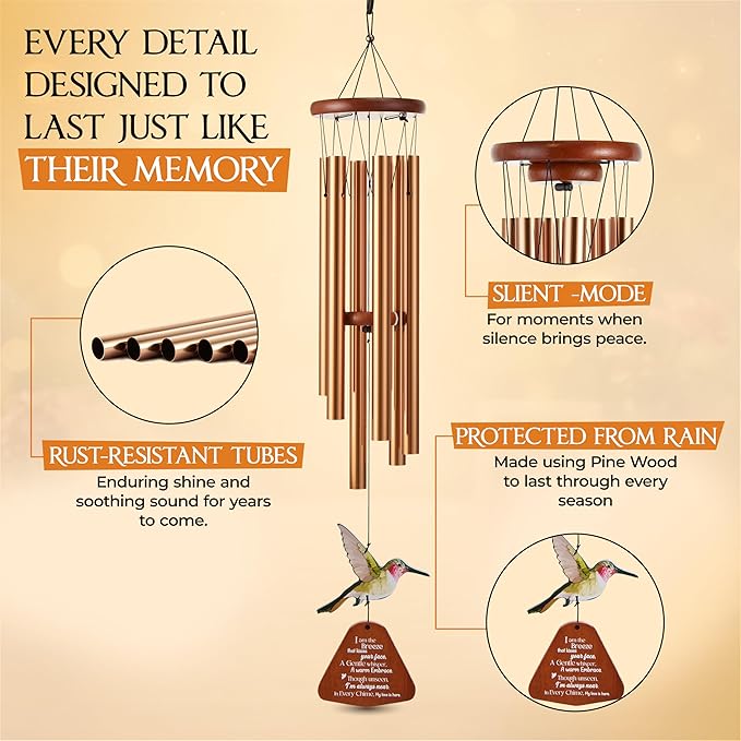 32 Inch Hummingbird Memorial Wind Chimes Outdoor, Sympathy Gifts for Loss of Loved One, Memorial Gifts for Loss of Mom, Sympathy Wind Chimes for Mother, Father, Brother, Sister