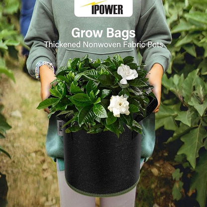 iPower 5-Gallon 10-PCS Thickened Grow Bag Nonwoven Fabric Pots with Handles Heavy Duty Aeration Container for Garden and Planting Vegetable Flowers, Black with Green Stitch Sewing