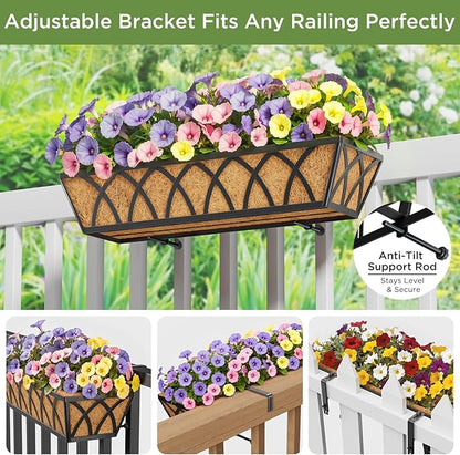 Y&M Planter, 24in Metal Box with Coco Liner, Indoor Outdoor Window/Railing Planter, 2pcs, Black