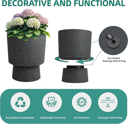 16.75"H Urn-Style Tall Planters, 2-Pack Modern Large Flower Pots for Outdoor Indoor, 2-in-1 Design Plant Containers for Garden Patio Yard Balcony Porch or Home Decor, White Terrazzo, UV-Protect