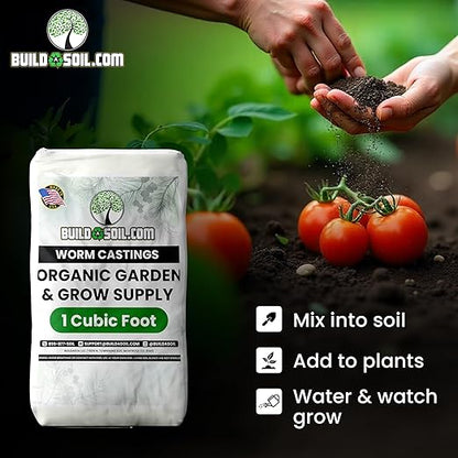 BuildASoil Worm Castings for Gardening - Vermicompost Organic Fertilizer for Lawns - Ensures Larger Plants & More Vegetables - Natural Earthworm Castings for Indoor & Outdoor Plants (1 Cubic Foot/Bag)