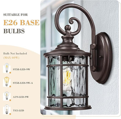 Emliviar 15.5" Outdoor Wall Mounted Light Fixture, Farmhouse Porch Lighting in Oil Rubbed Bronze Finish, Outside Lantern for Yard with Water Ripple Glass Shade, XE229B ORB WG